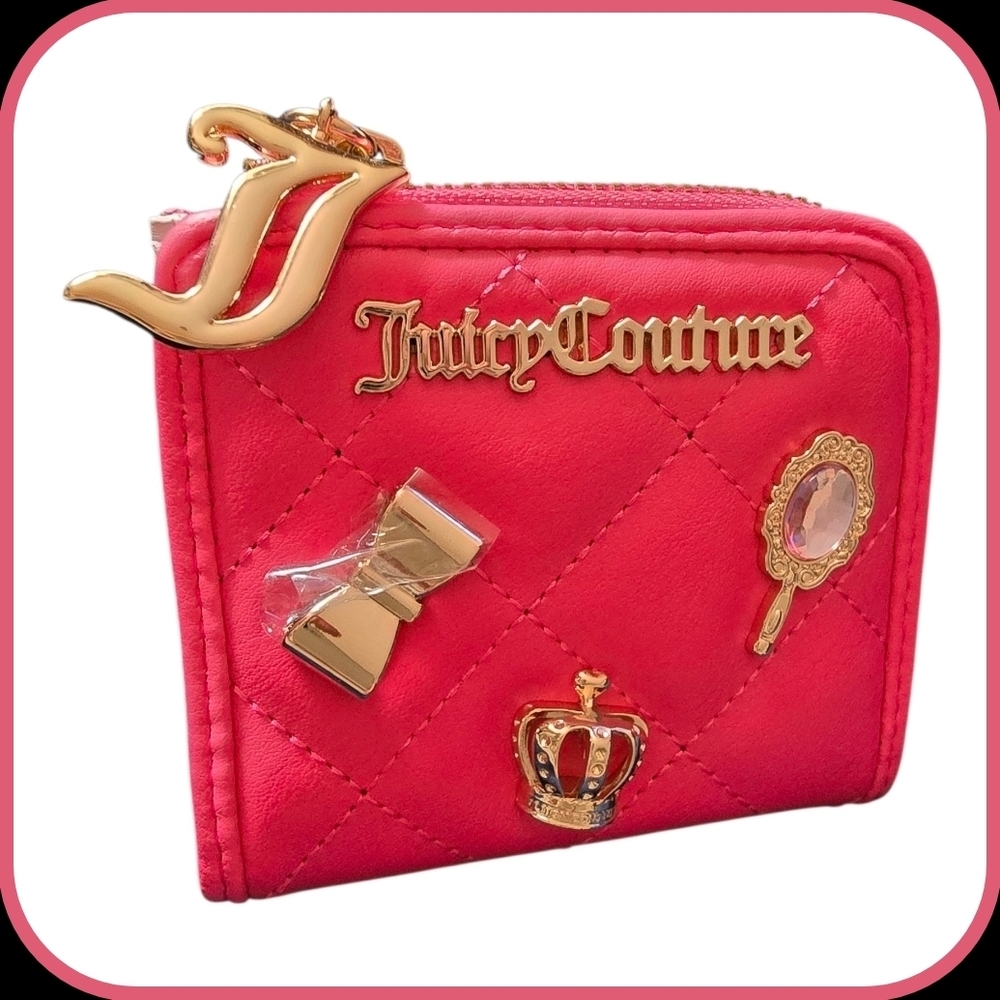 Juicy Couture~Juicy Girls Only L-Zip Case Pink Quilted Wallet~Fixed Charms